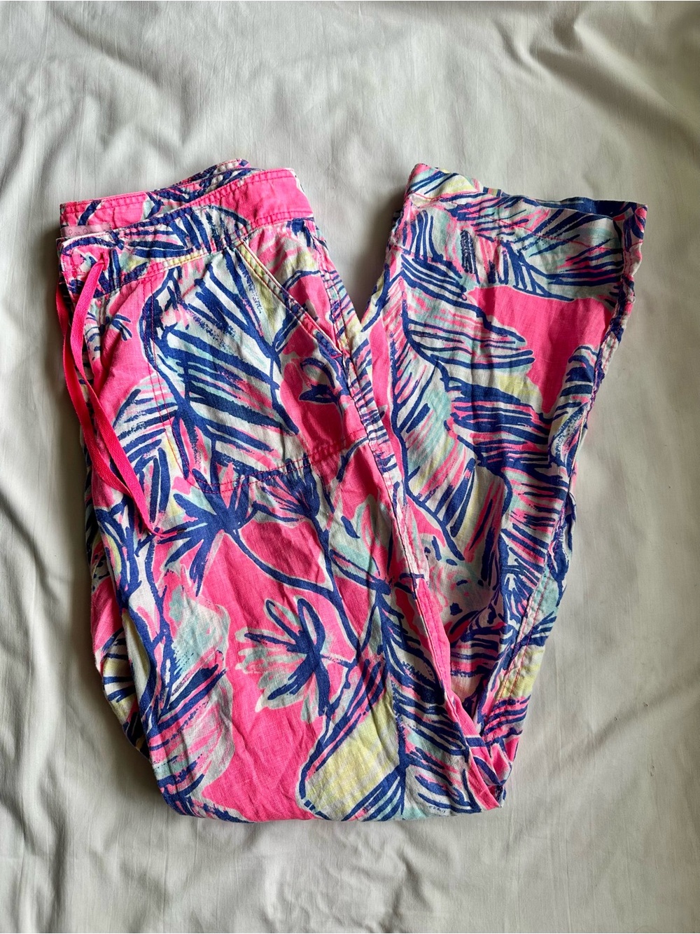 Lilly Pulitzer Pink Tropical Leaf 100% Linen Trouser Pants with Drawstring - Picture 2 of 12